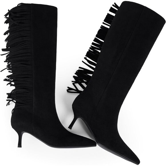 Women Suede Black Knee High Boots Kitten Heels Tall Pointed Toe Long Boots - Picture 9 of 9